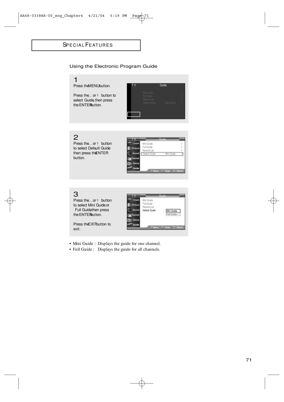 Samsung TX-P3076WH manual Using the Electronic Program Guide 