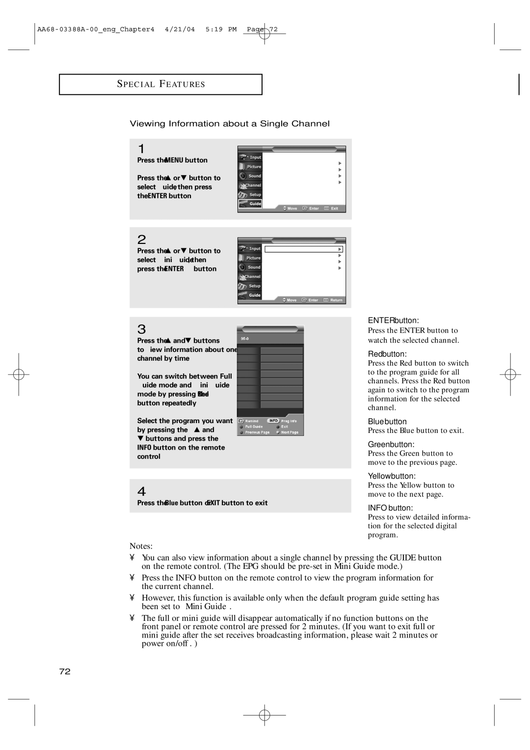 Samsung TX-P3076WH manual Viewing Information about a Single Channel, Press the Blue button or Exit button to exit 