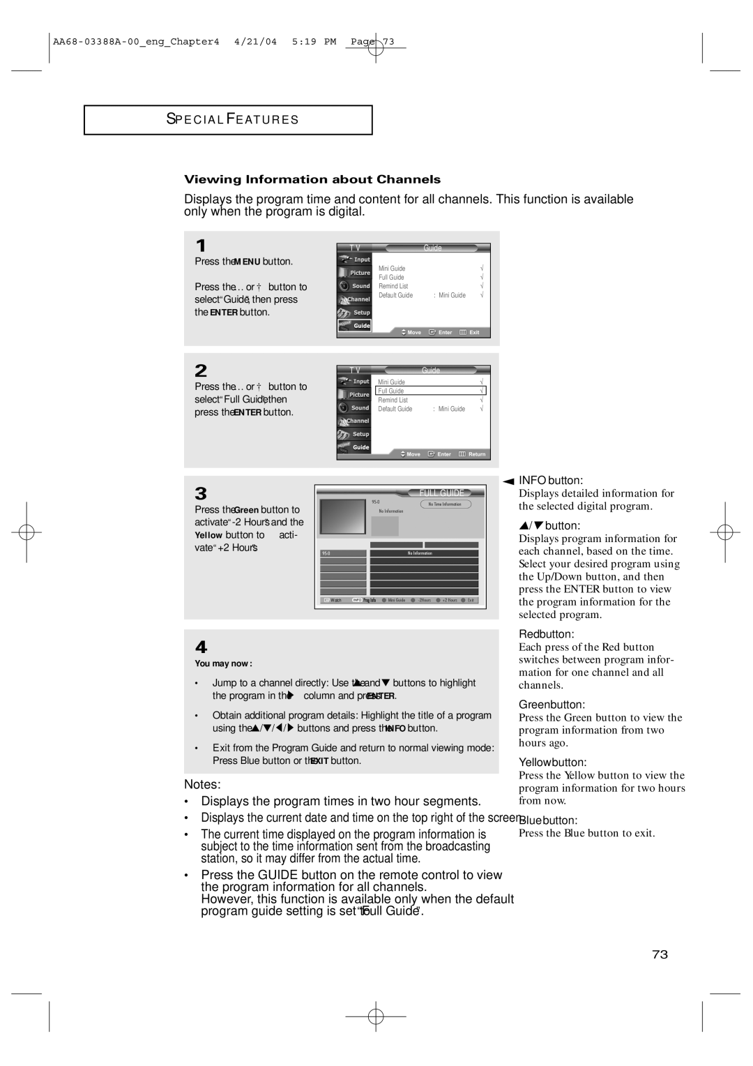 Samsung TX-P3076WH manual Displays the program times in two hour segments, Viewing Information about Channels 