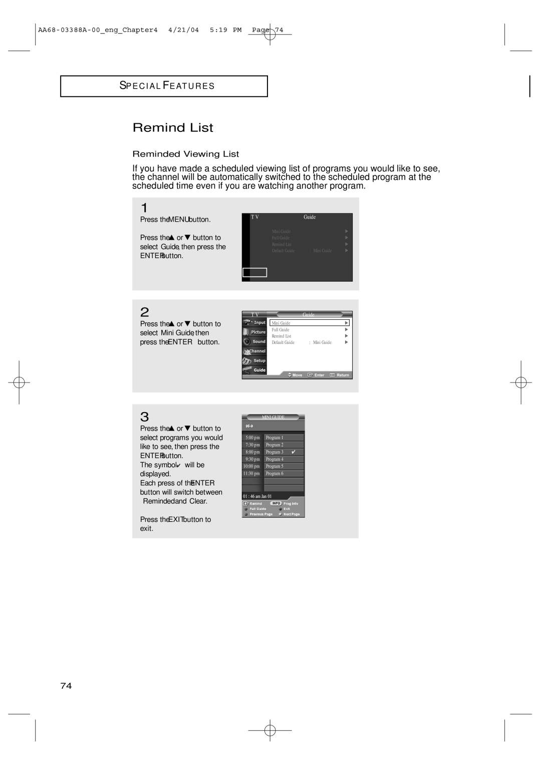 Samsung TX-P3076WH manual Remind List, Reminded Viewing List 