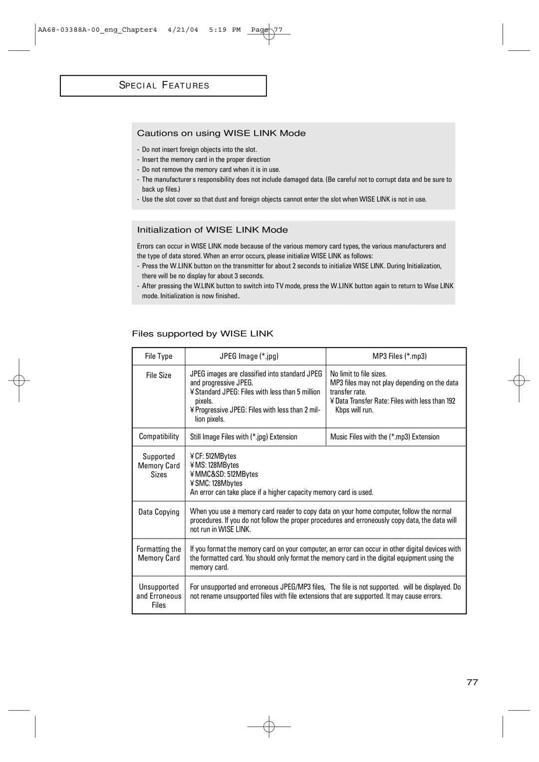 Samsung TX-P3076WH manual Initialization of Wise Link Mode, Files supported by Wise Link 