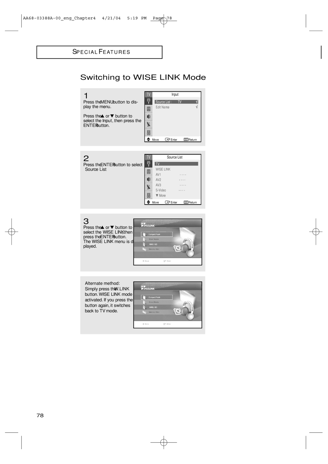 Samsung TX-P3076WH manual Switching to Wise Link Mode, Press the Enter button to select Source List 