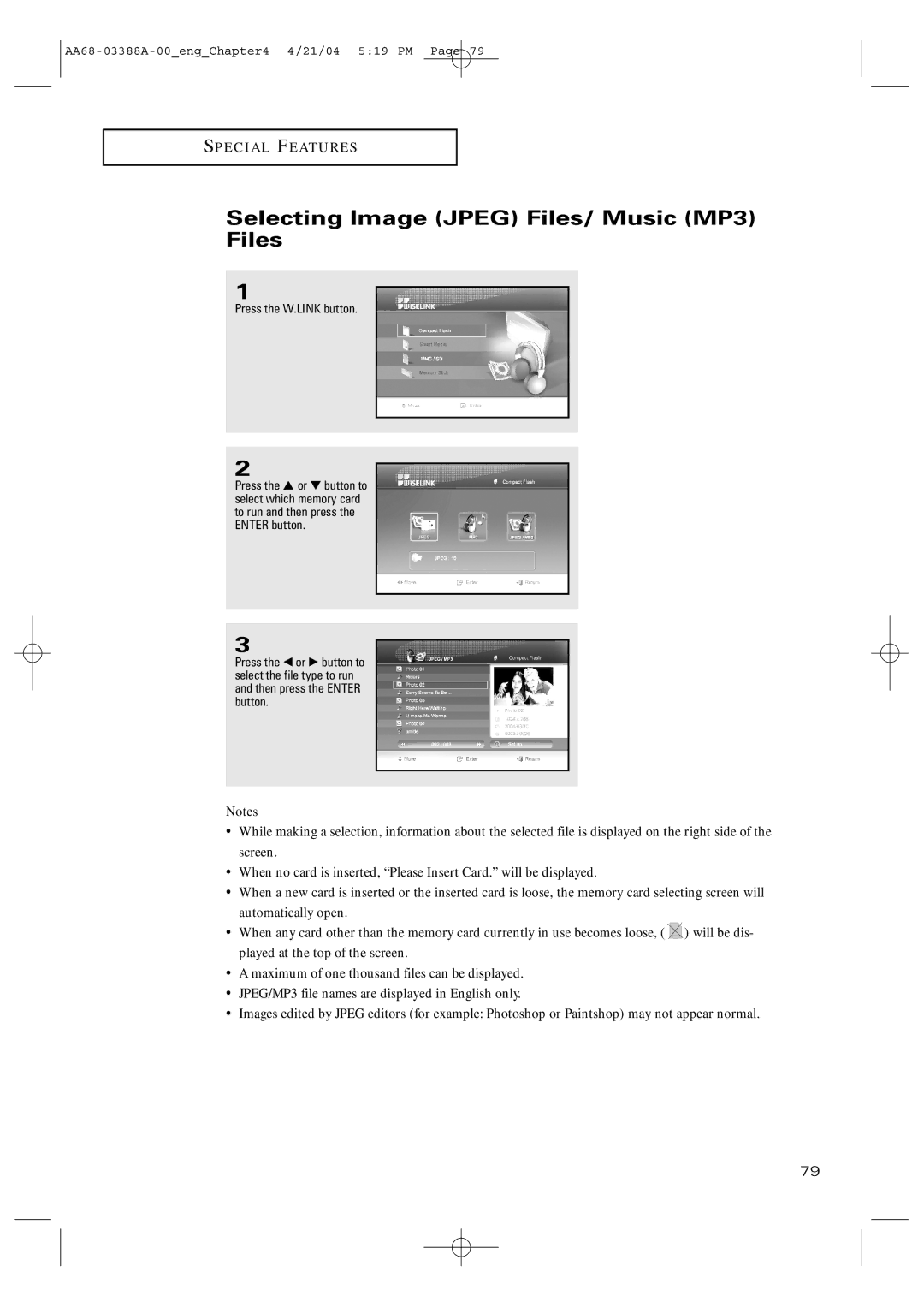 Samsung TX-P3076WH manual Selecting Image Jpeg Files/ Music MP3 Files 