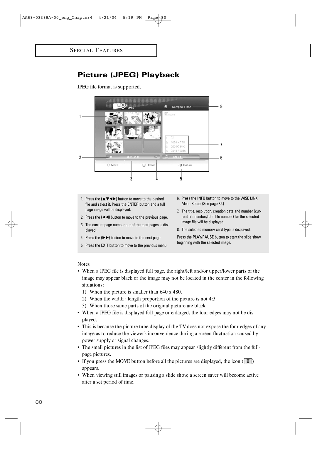 Samsung TX-P3076WH manual Picture Jpeg Playback, Jpeg file format is supported, Selected memory card type is displayed 