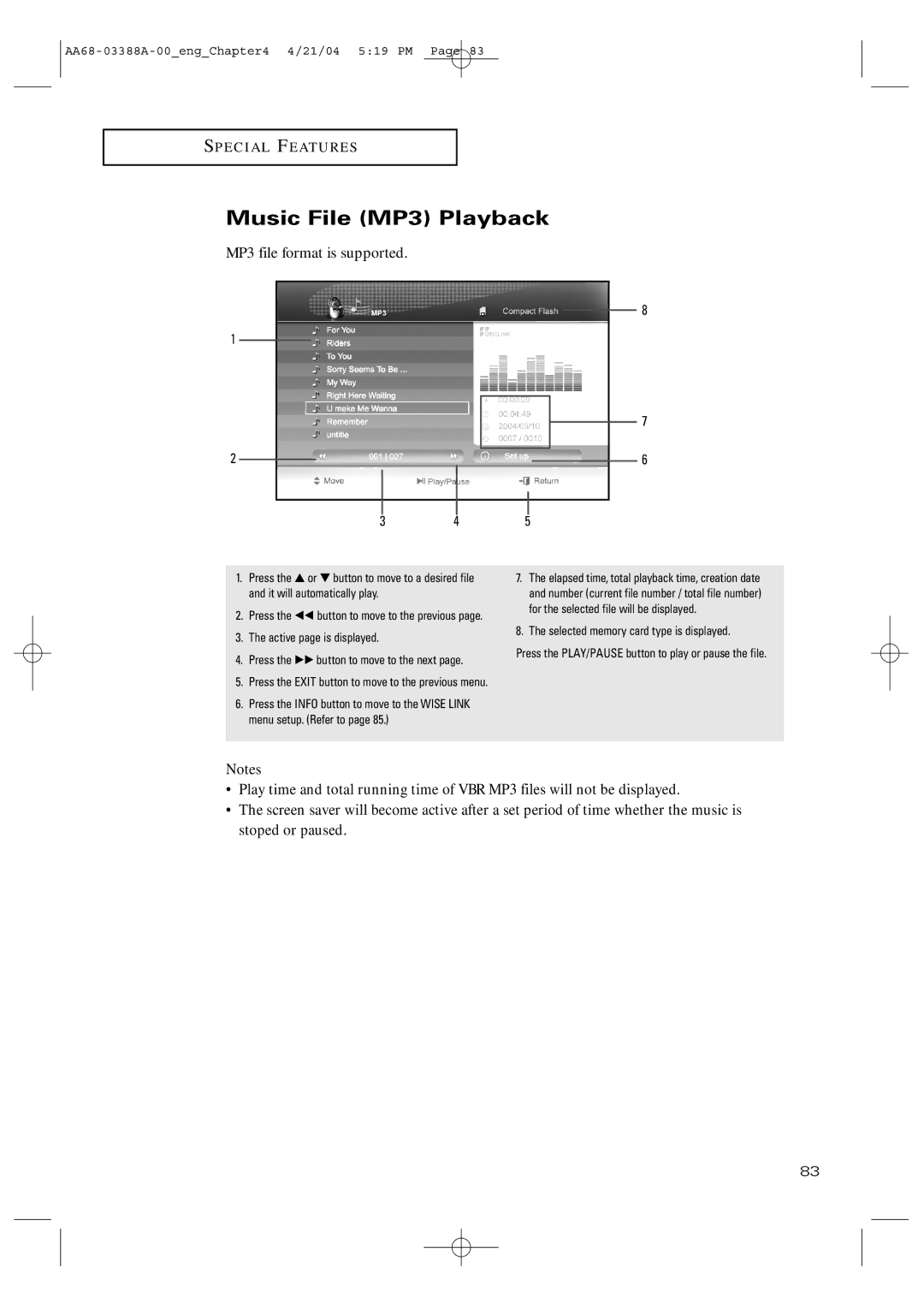 Samsung TX-P3076WH manual Music File MP3 Playback, MP3 file format is supported 