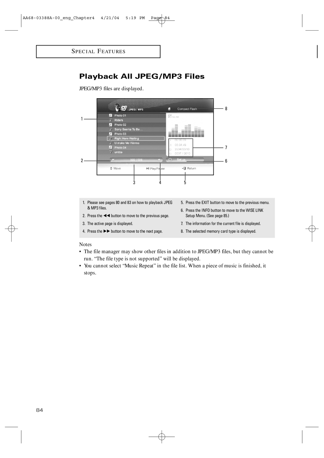 Samsung TX-P3076WH manual Playback All JPEG/MP3 Files, JPEG/MP3 files are displayed 