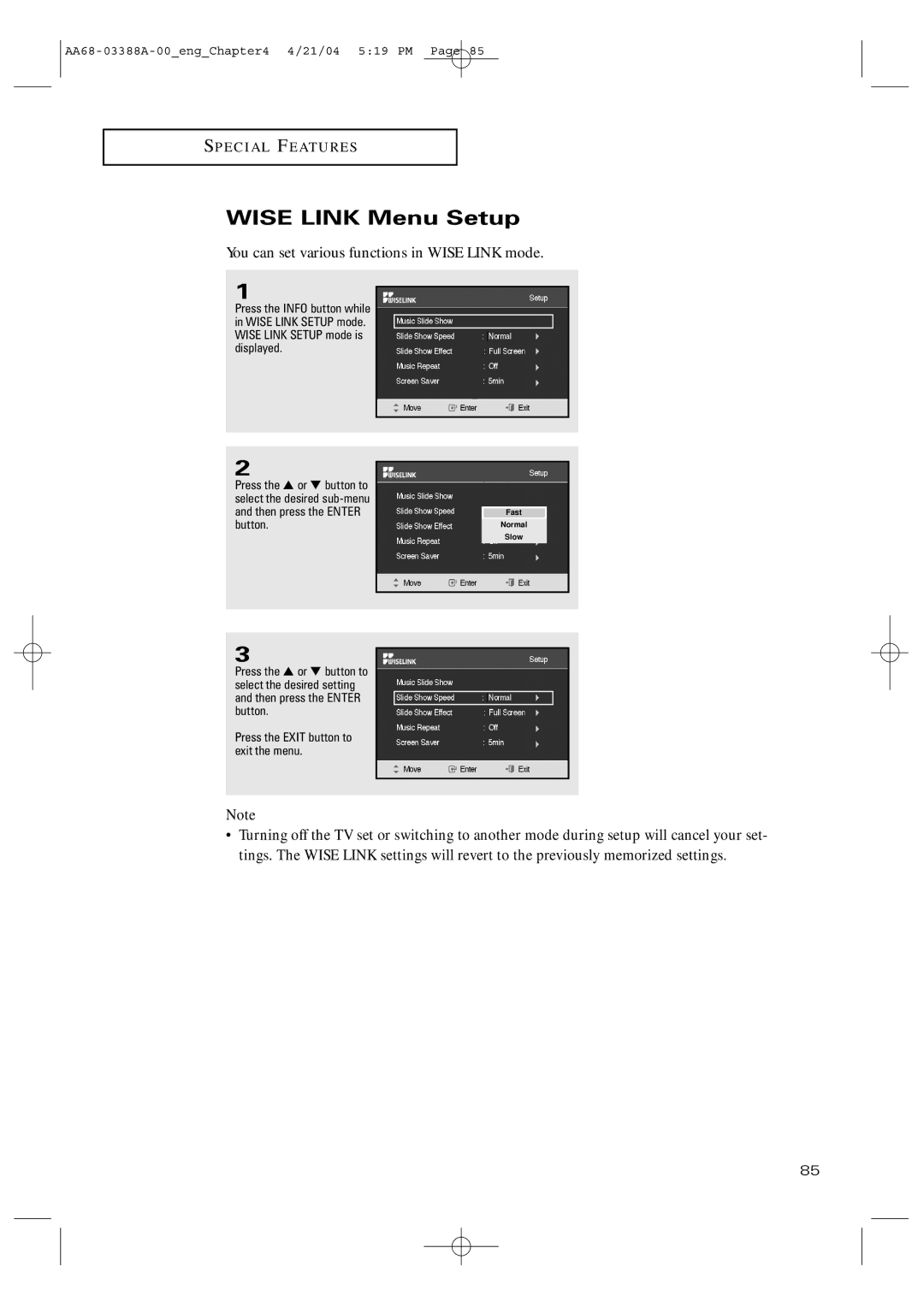 Samsung TX-P3076WH manual Wise Link Menu Setup, You can set various functions in Wise Link mode 