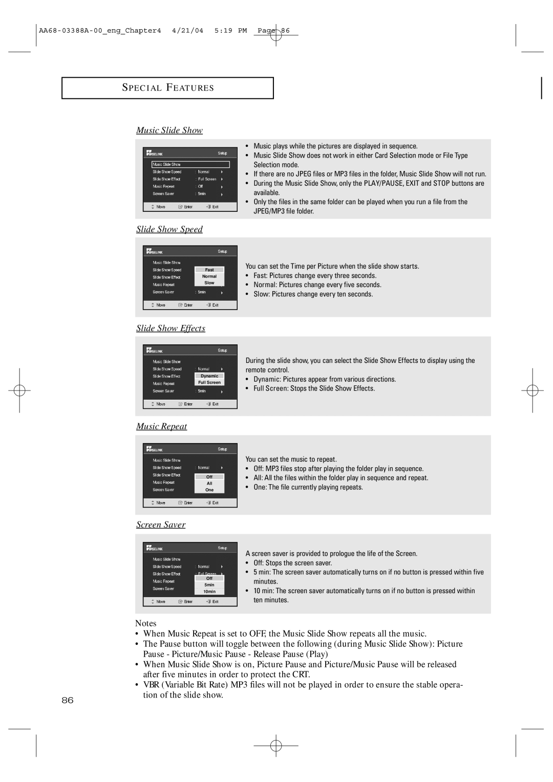 Samsung TX-P3076WH manual Music Slide Show 