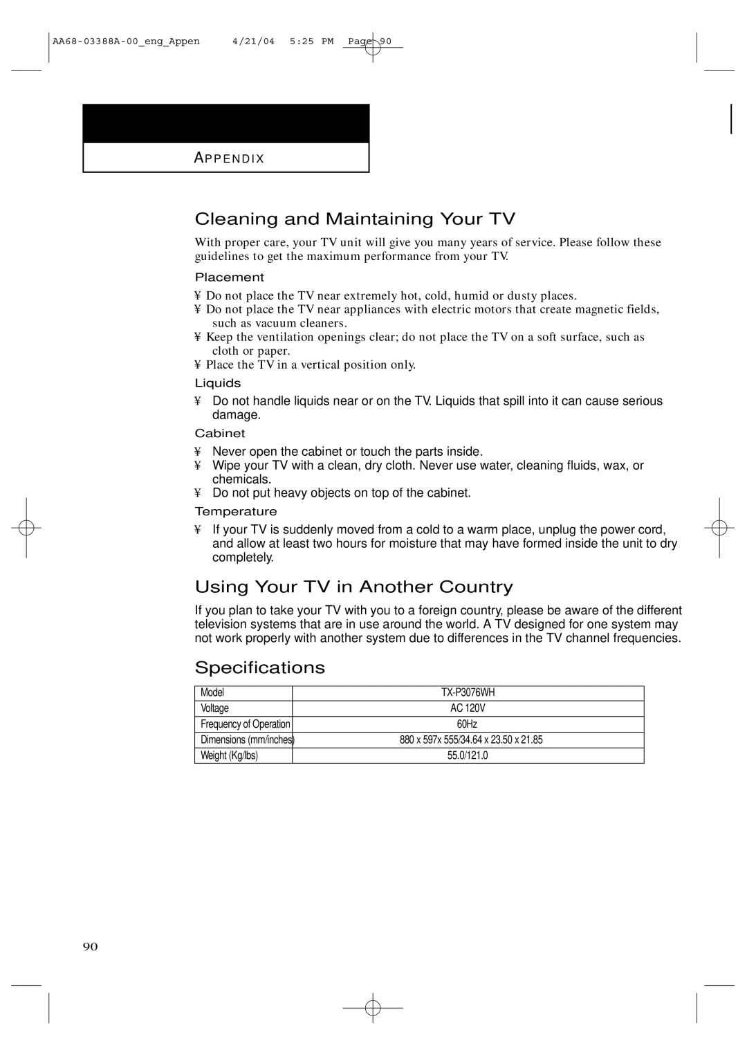 Samsung TX-P3076WH manual Cleaning and Maintaining Your TV, Using Your TV in Another Country, Specifications 