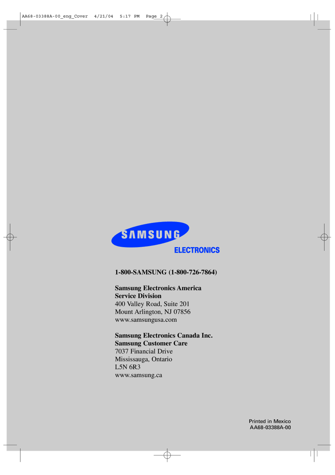 Samsung TX-P3076WH manual AA68-03388A-00engCover 4/21/04 517 PM 