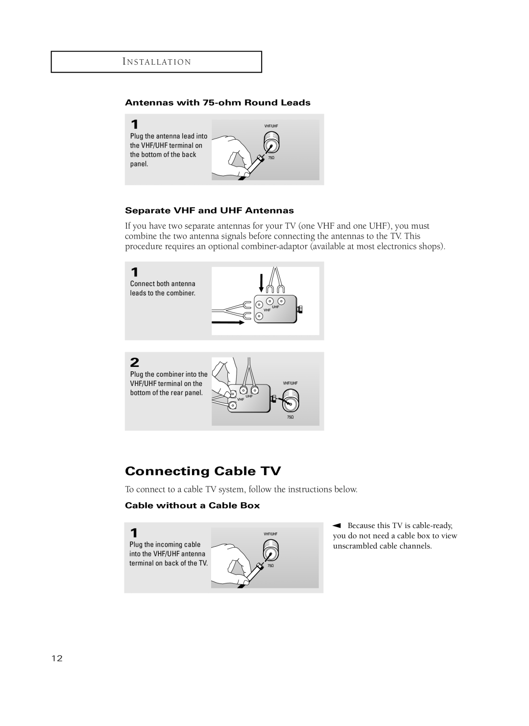 Samsung TX-P3235, TX-P2734, TX-P2730, TX-P2728, TX-P2434 manual Connecting Cable TV, Antennas with 75-ohm Round Leads 