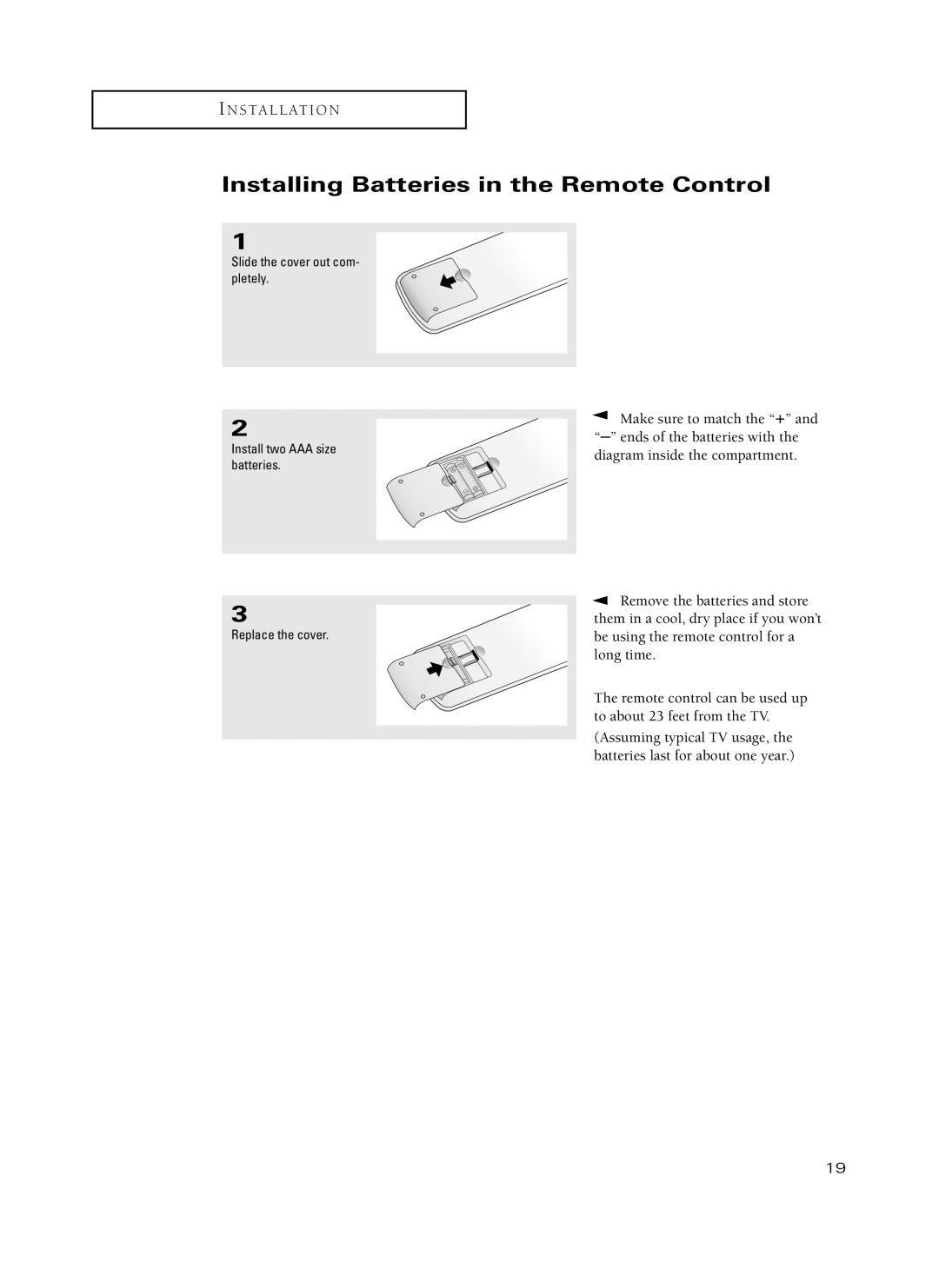 Samsung TX-P3235, TX-P2734, TX-P2730, TX-P2728, TX-P2434 manual Installing Batteries in the Remote Control 