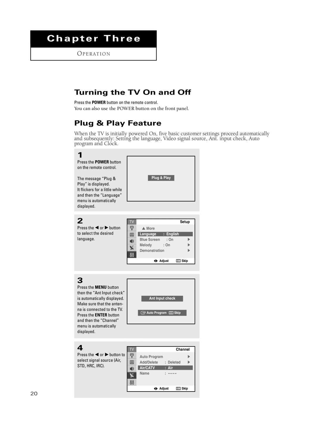 Samsung TX-P3235, TX-P2734, TX-P2730, TX-P2728, TX-P2434 manual Turning the TV On and Off, Plug & Play Feature 