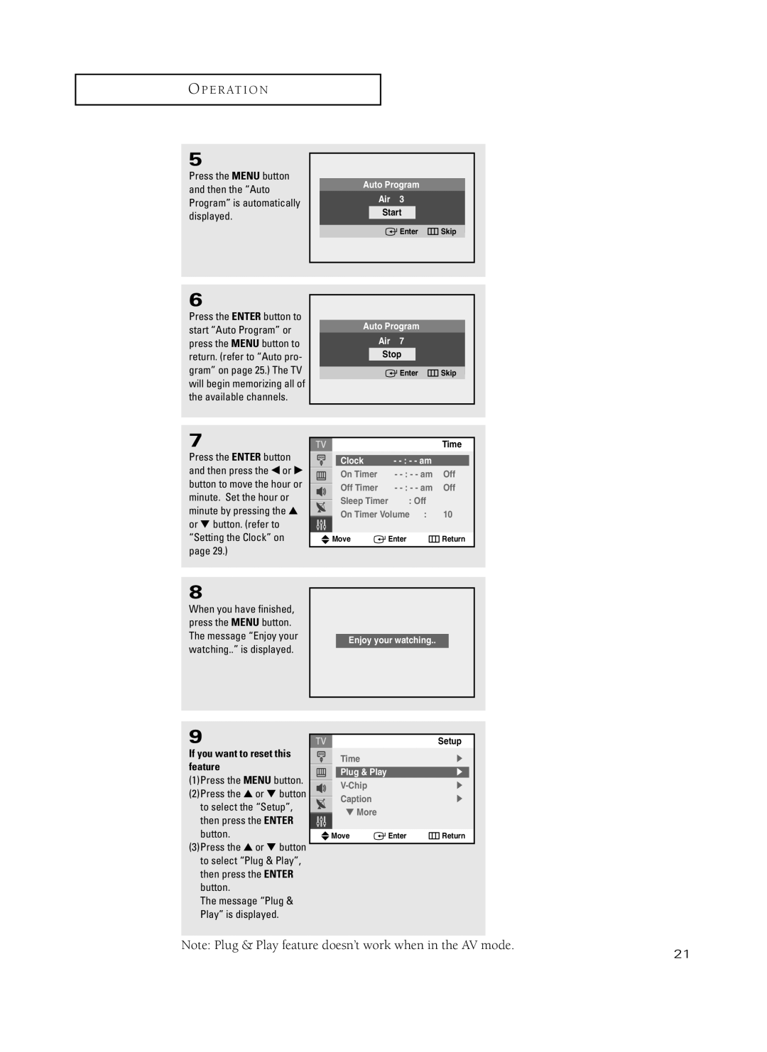 Samsung TX-P3235, TX-P2734, TX-P2730, TX-P2728, TX-P2434 manual Auto Program Air, Clock, Enjoy your watching 