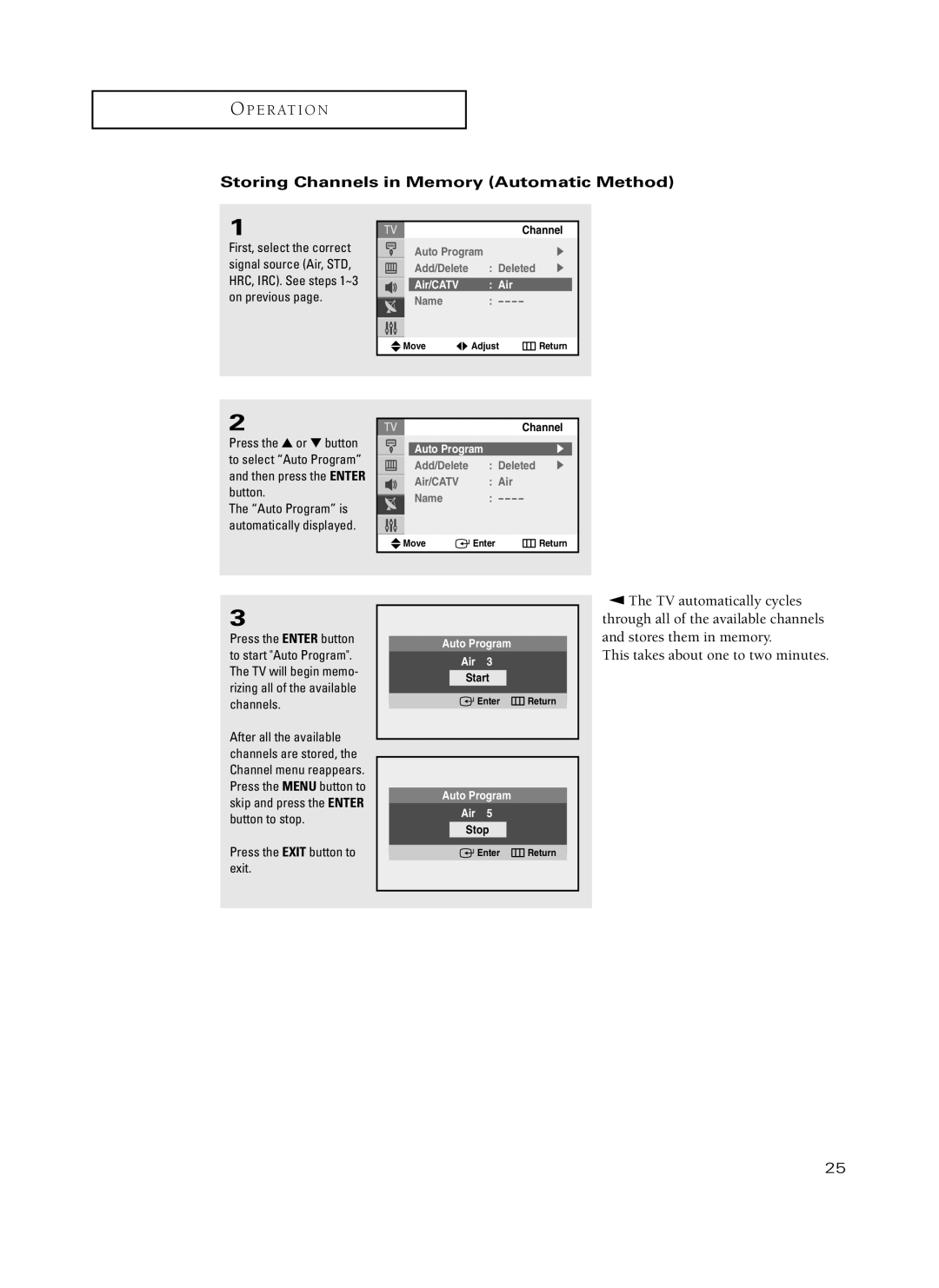 Samsung TX-P3235, TX-P2734, TX-P2730, TX-P2728, TX-P2434 manual Storing Channels in Memory Automatic Method 