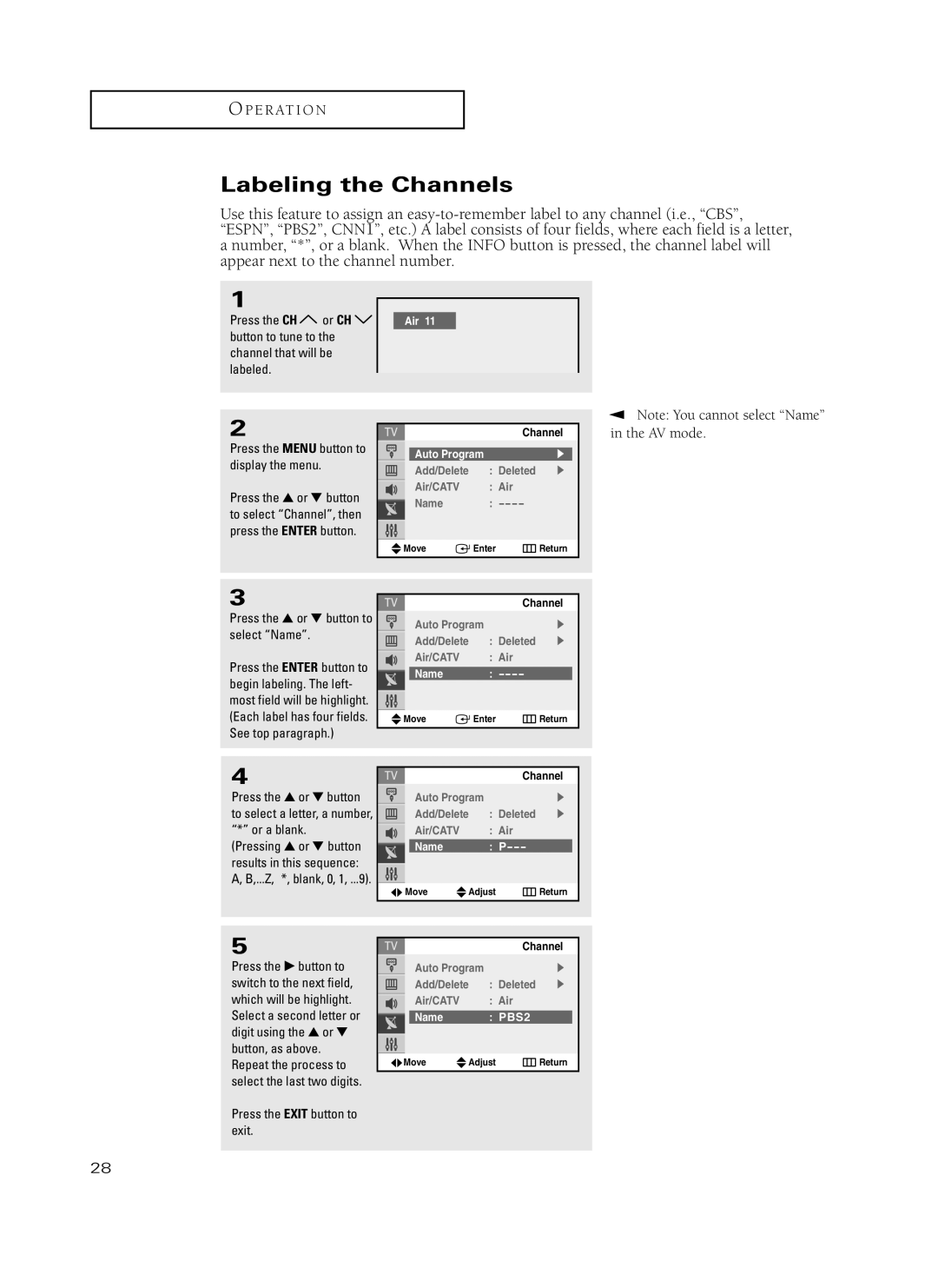 Samsung TX-P3235, TX-P2734, TX-P2730, TX-P2728, TX-P2434 manual Labeling the Channels, AV mode, Name PBS2 