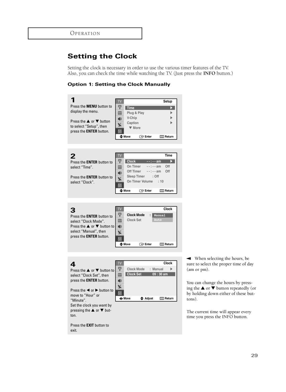 Samsung TX-P3235, TX-P2734, TX-P2730, TX-P2728, TX-P2434 manual Option 1 Setting the Clock Manually 