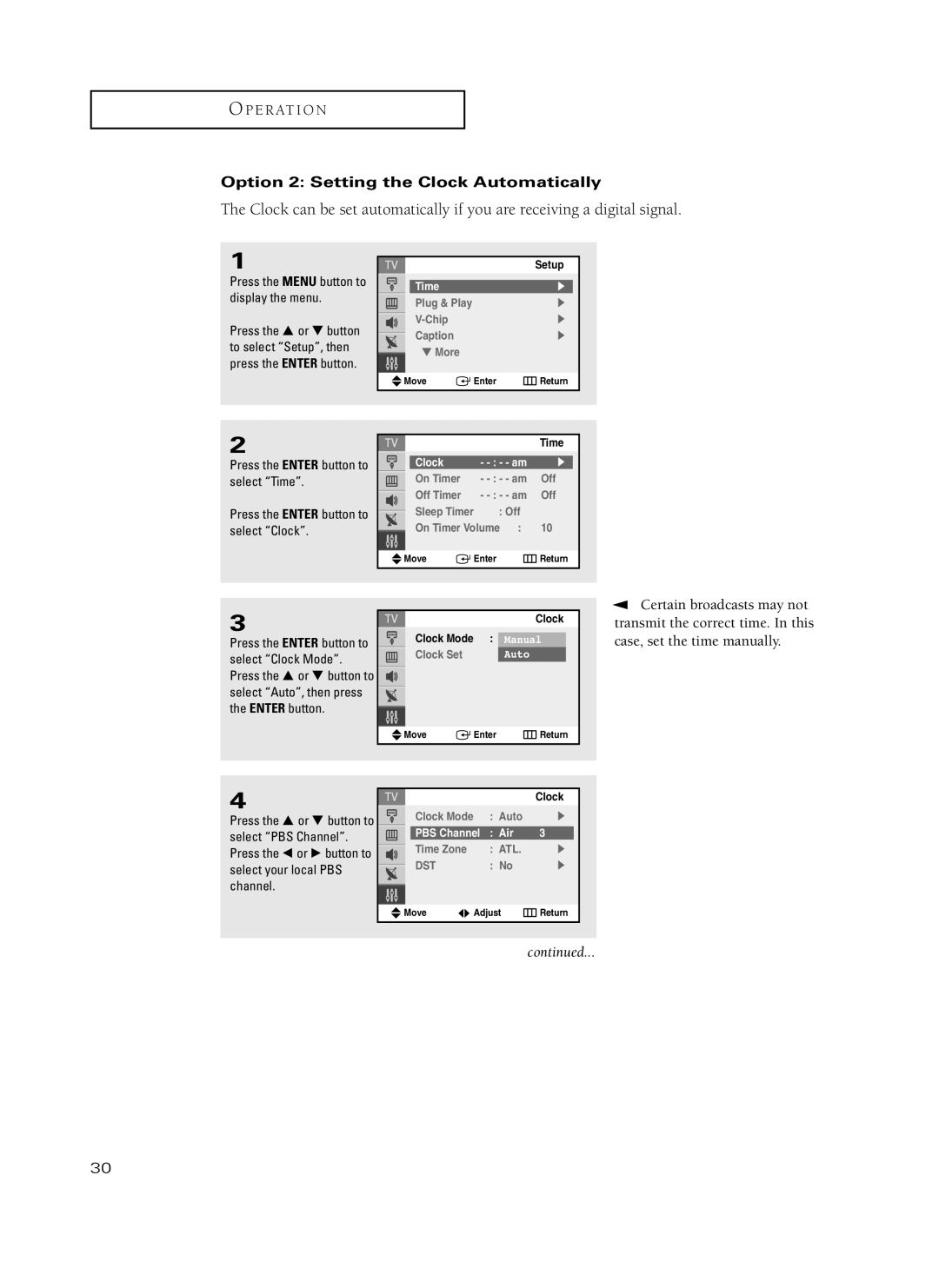 Samsung TX-P3235, TX-P2734, TX-P2730, TX-P2728, TX-P2434 Option 2 Setting the Clock Automatically, Select PBS Channel 