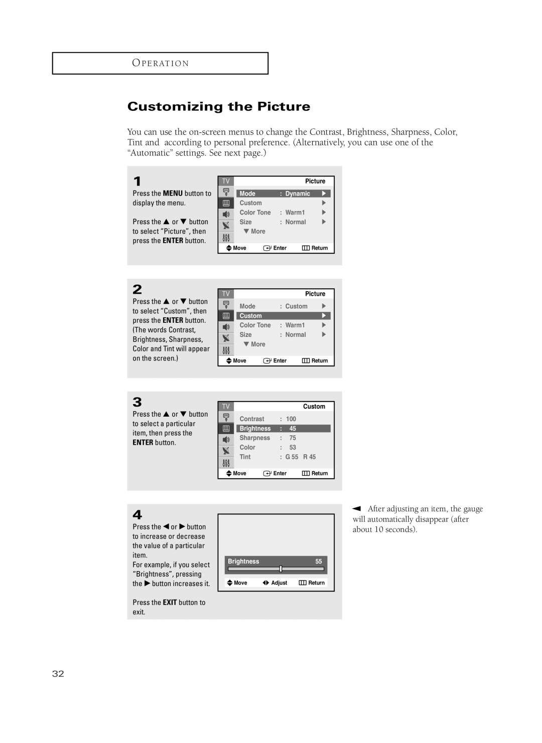 Samsung TX-P3235, TX-P2734, TX-P2730, TX-P2728, TX-P2434 manual Customizing the Picture, After adjusting an item, the gauge 