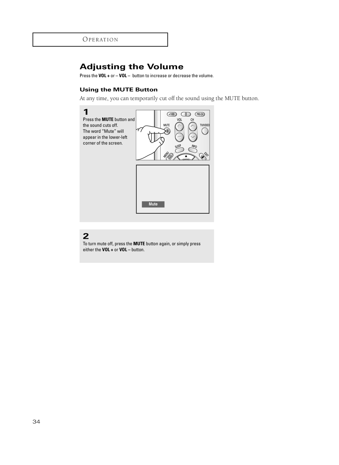 Samsung TX-P3235, TX-P2734, TX-P2730, TX-P2728, TX-P2434 manual Adjusting the Volume, Using the Mute Button 