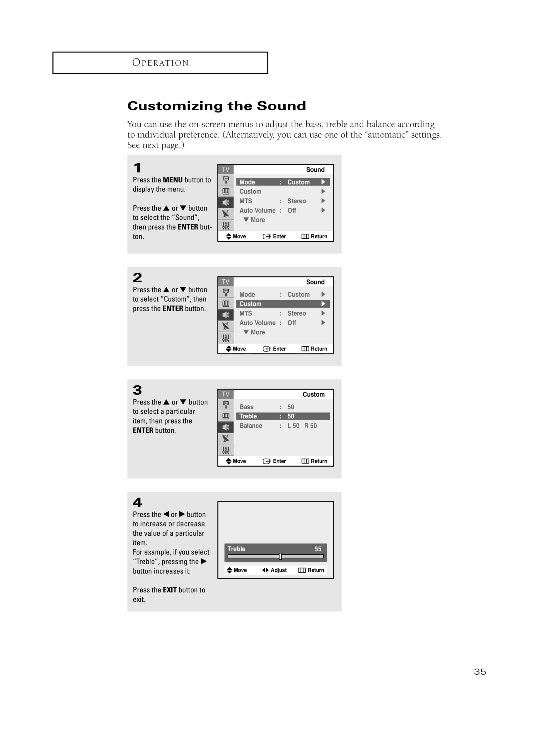 Samsung TX-P3235, TX-P2734, TX-P2730, TX-P2728, TX-P2434 manual Customizing the Sound, Treble55 