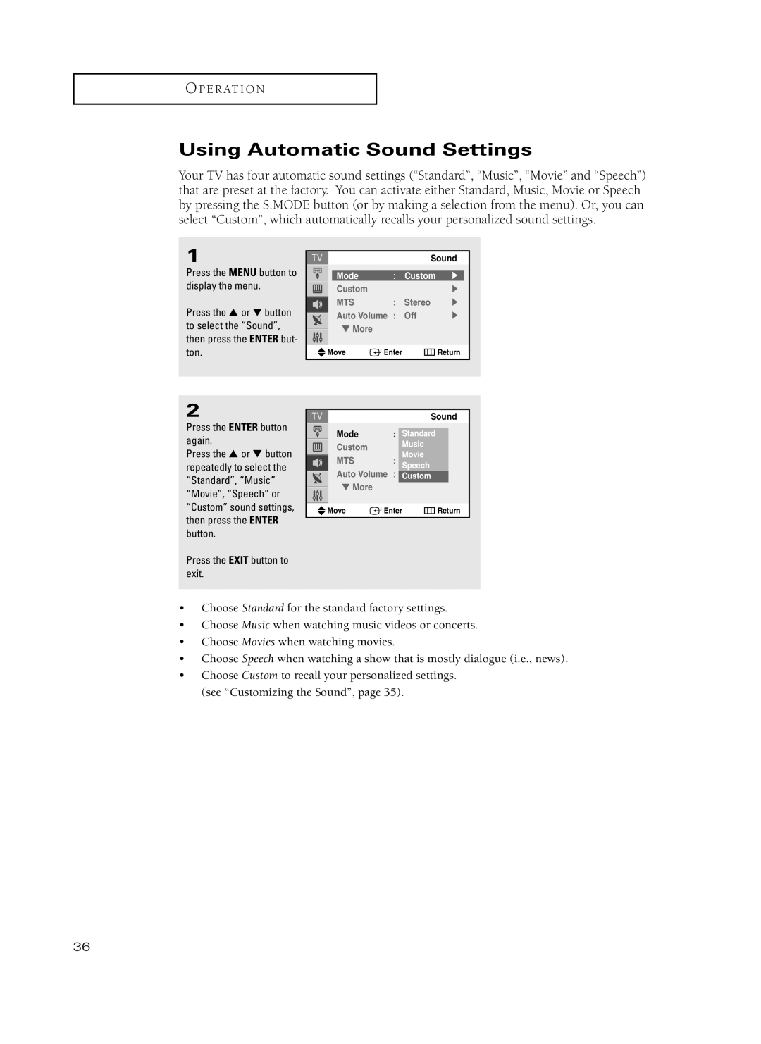 Samsung TX-P3235, TX-P2734, TX-P2730, TX-P2728, TX-P2434 Using Automatic Sound Settings, Music, Auto Volume Custom More 