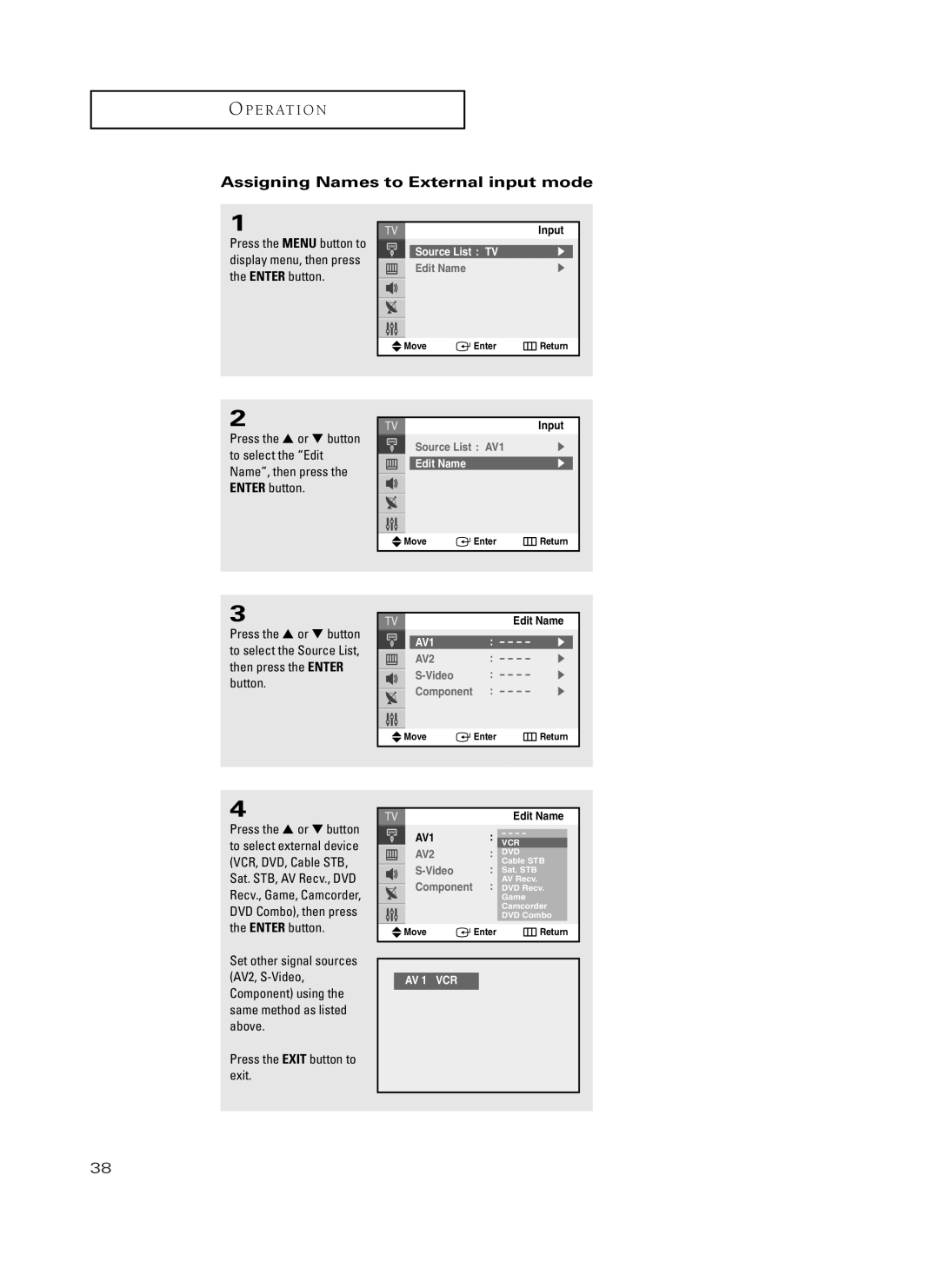 Samsung TX-P3235, TX-P2734, TX-P2730, TX-P2728, TX-P2434 manual Assigning Names to External input mode, Source List AV1 