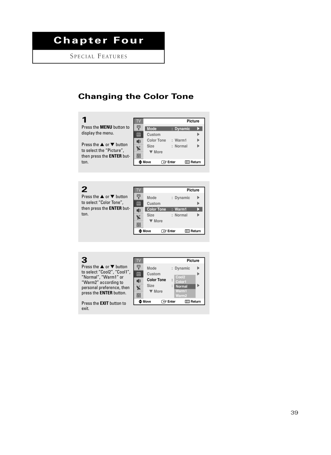 Samsung TX-P3235, TX-P2734, TX-P2730, TX-P2728, TX-P2434 manual Changing the Color Tone, Normal, Warm1 Warm2 