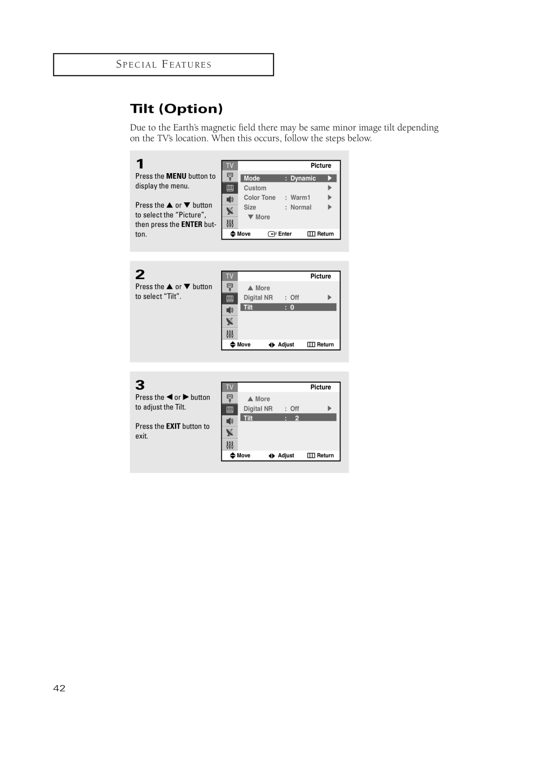 Samsung TX-P3235, TX-P2734, TX-P2730, TX-P2728, TX-P2434 manual Tilt Option, Press the or button to select Tilt 