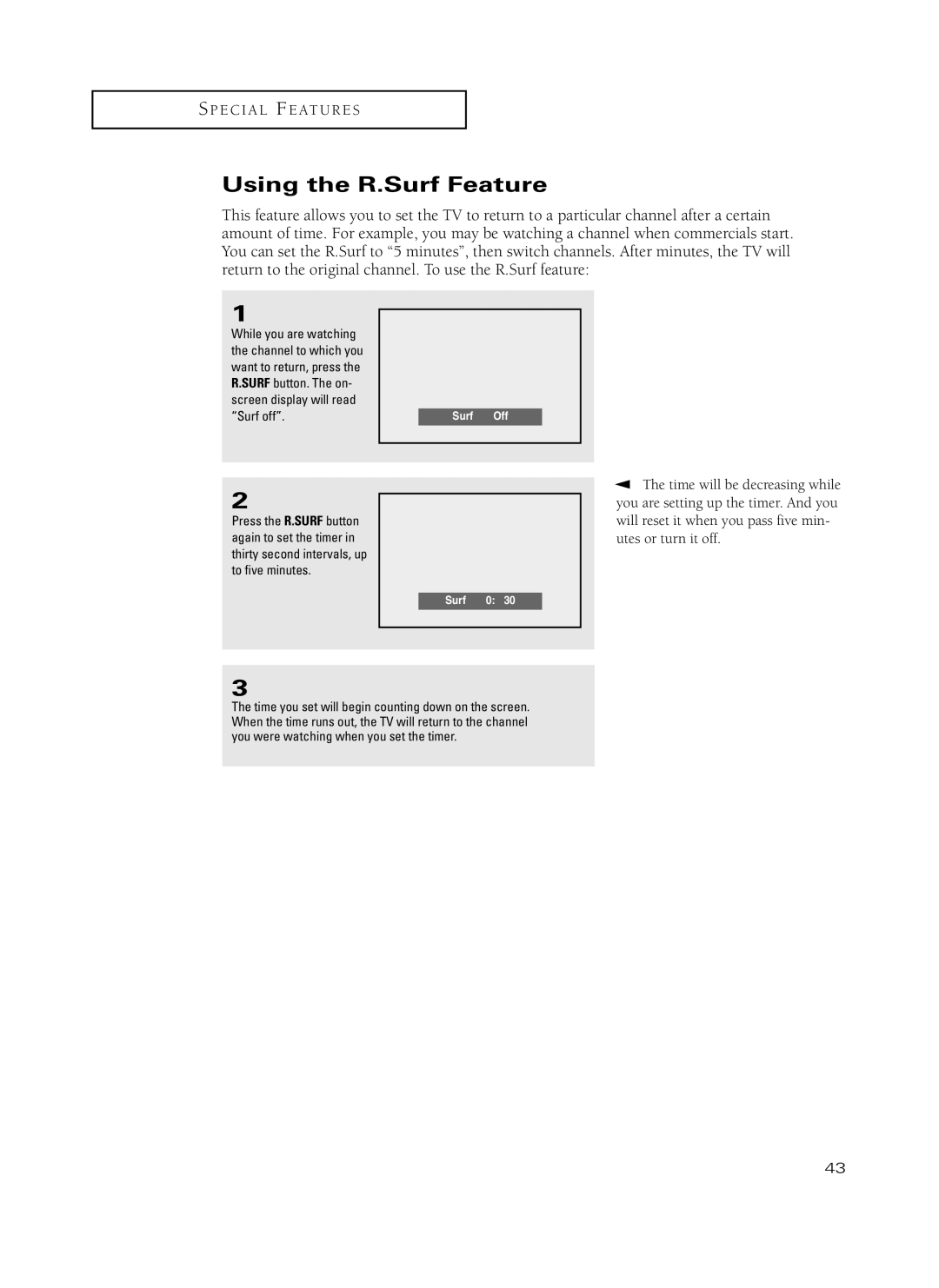 Samsung TX-P3235, TX-P2734, TX-P2730, TX-P2728, TX-P2434 manual Using the R.Surf Feature, Surf Off 