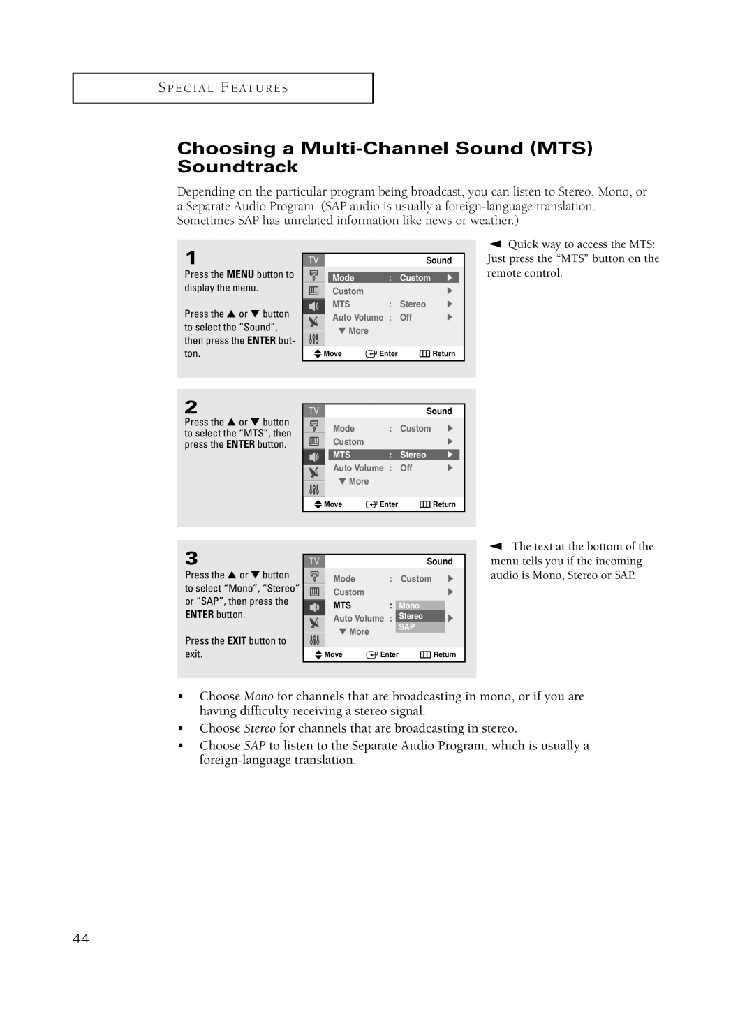 Samsung TX-P3235, TX-P2734, TX-P2730, TX-P2728, TX-P2434 manual Choosing a Multi-Channel Sound MTS Soundtrack, Stereo, Mono 