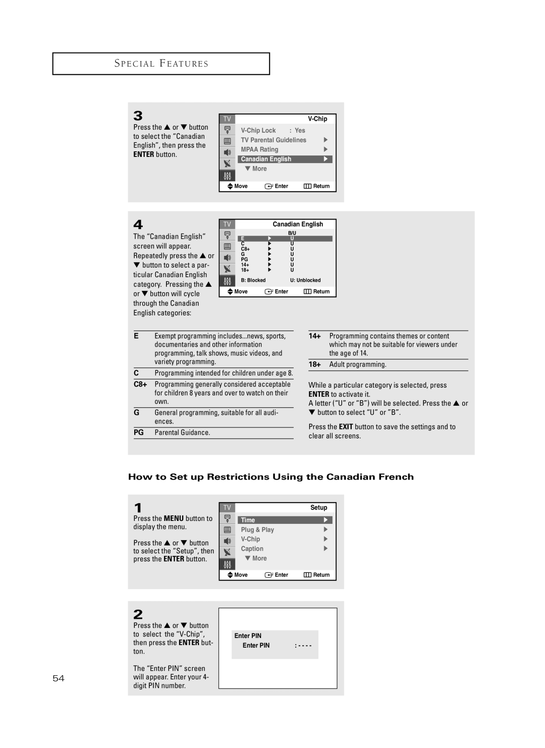 Samsung TX-P3235, TX-P2734, TX-P2730, TX-P2728, TX-P2434 manual How to Set up Restrictions Using the Canadian French 