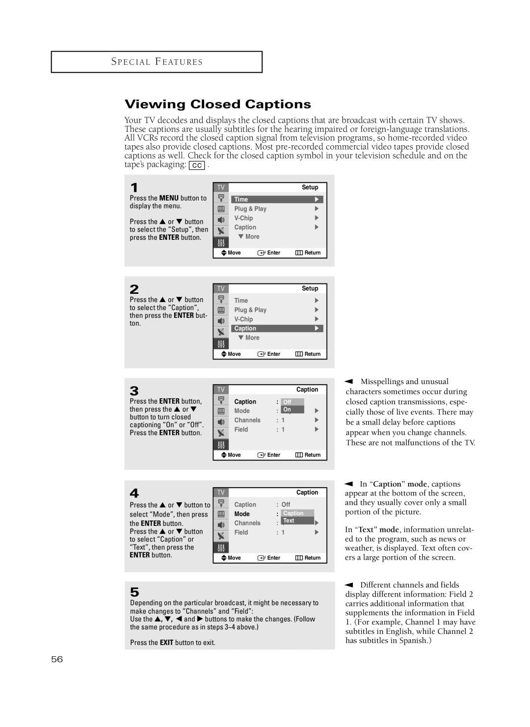 Samsung TX-P3235, TX-P2734, TX-P2730, TX-P2728, TX-P2434 manual Viewing Closed Captions, Misspellings and unusual, Text 