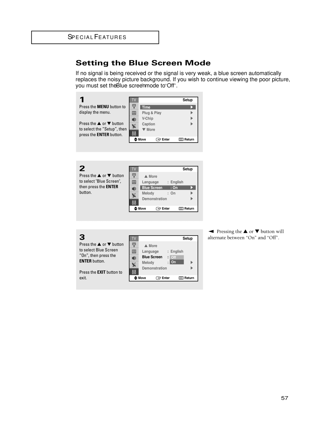 Samsung TX-P3235, TX-P2734, TX-P2730, TX-P2728, TX-P2434 manual Setting the Blue Screen Mode, Pressing the or button will 