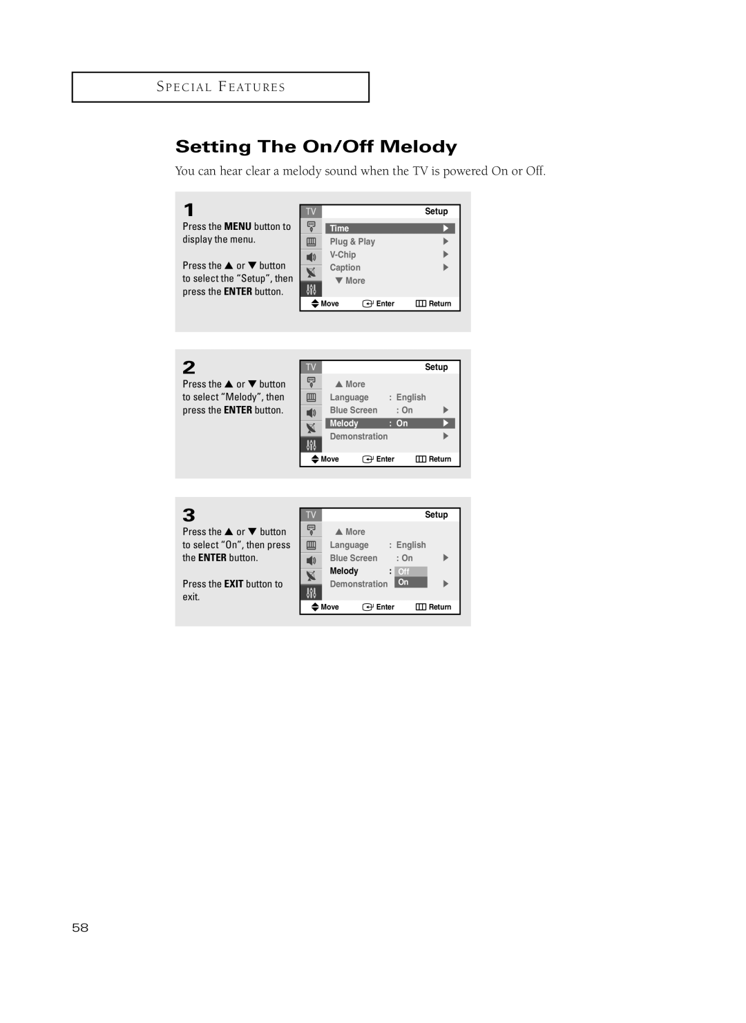 Samsung TX-P3235, TX-P2734, TX-P2730, TX-P2728, TX-P2434 manual Setting The On/Off Melody 