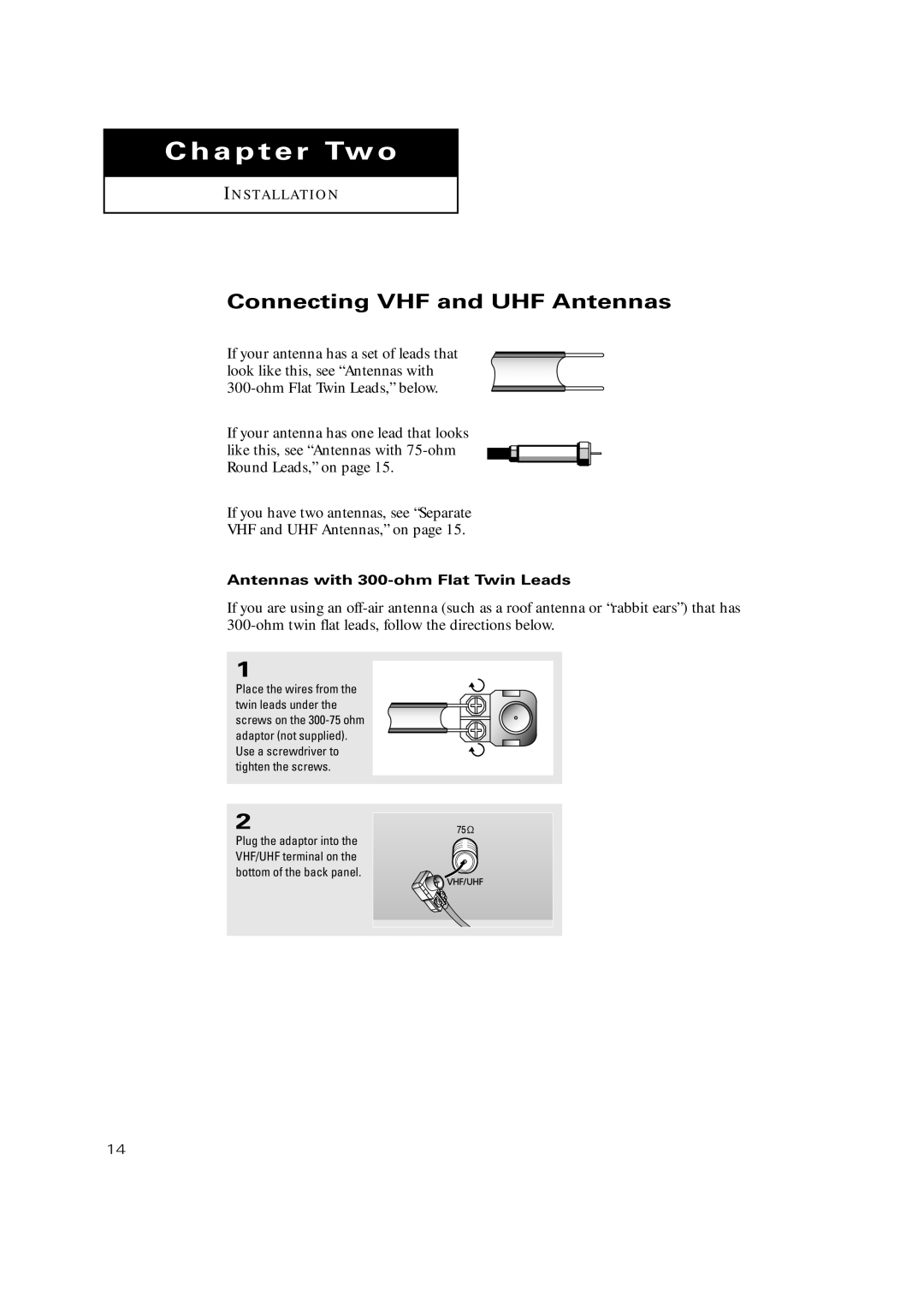 Samsung TX-P2771HF, TX-P3271HF, TX-P3245FP manual Connecting VHF and UHF Antennas, Antennas with 300-ohm Flat Twin Leads 