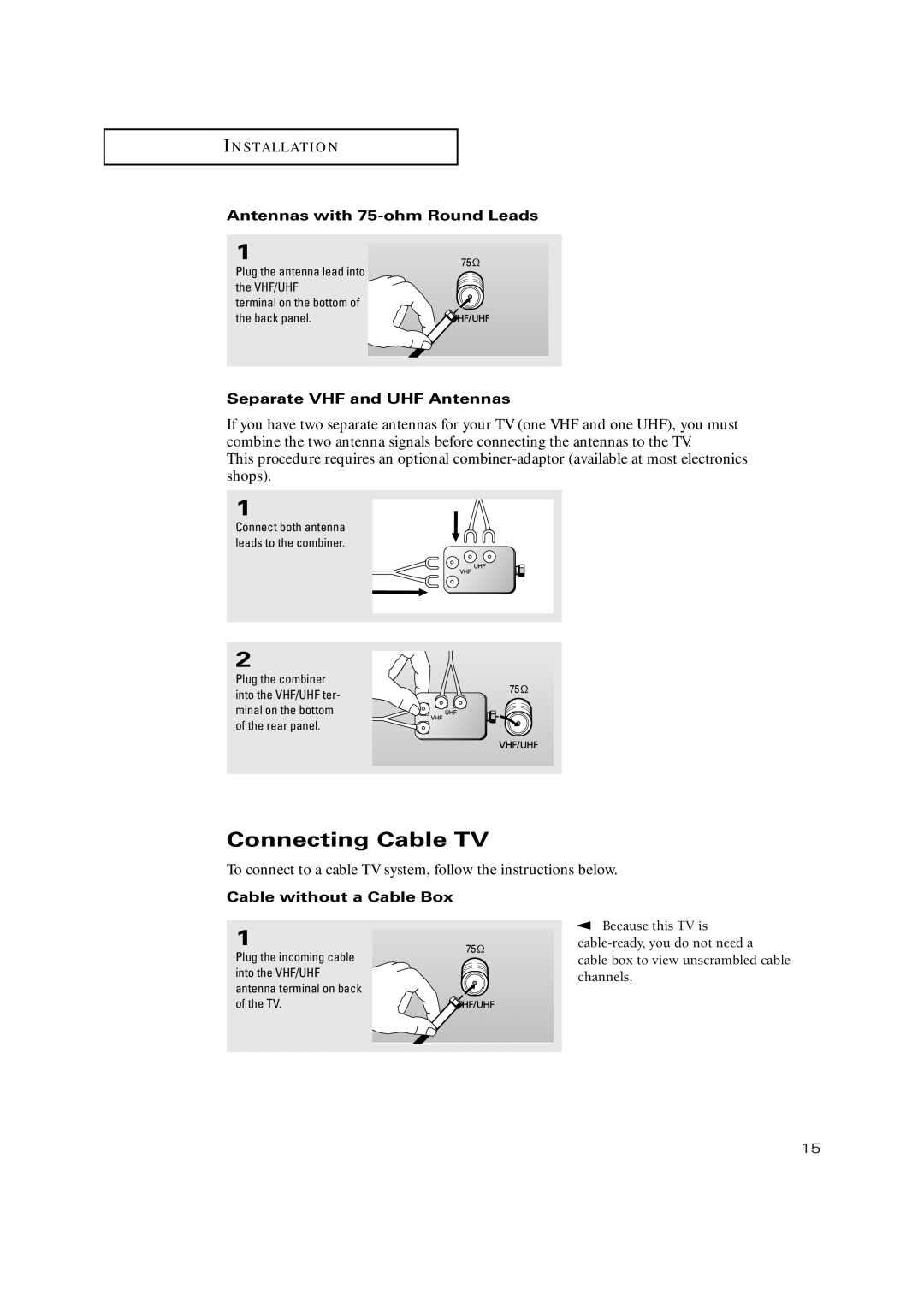 Samsung TX-P3245FP, TX-P3271HF manual Connecting Cable TV, Antennas with 75-ohm Round Leads, Separate VHF and UHF Antennas 