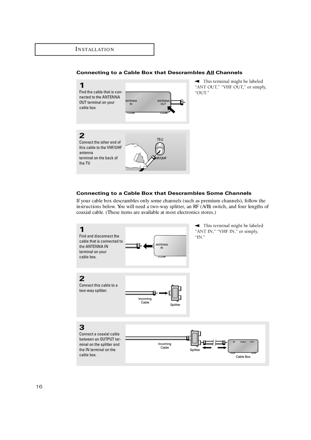 Samsung TX-P3275HF manual Connecting to a Cable Box that Descrambles All Channels, Connect this cable to a two-way splitter 