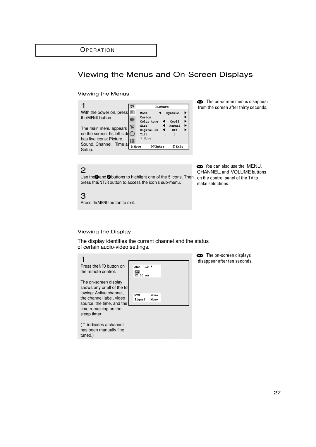 Samsung TX-P2771HF, TX-P3271HF, TX-P3245FP, TX-P3275HF manual Viewing the Menus and On-Screen Displays, Viewing the Display 