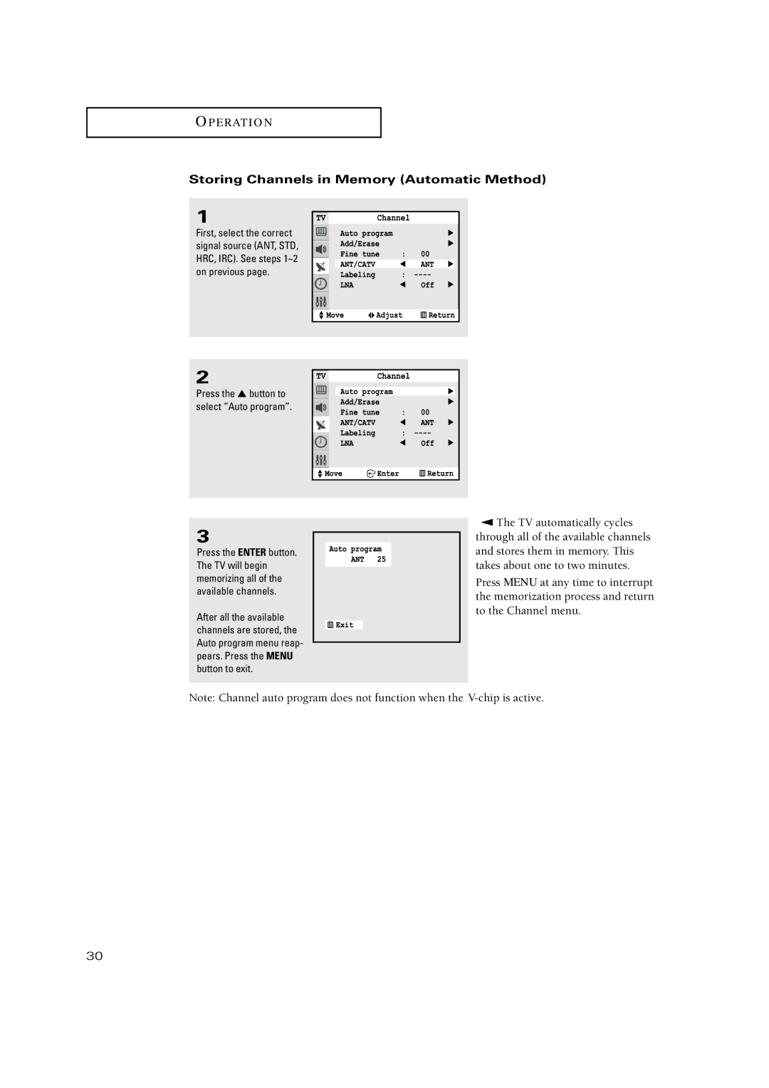 Samsung TX-P3234HF, TX-P3271HF, TX-P2771HF, TX-P3245FP, TX-P3275HF, TX-P3298HF Storing Channels in Memory Automatic Method 