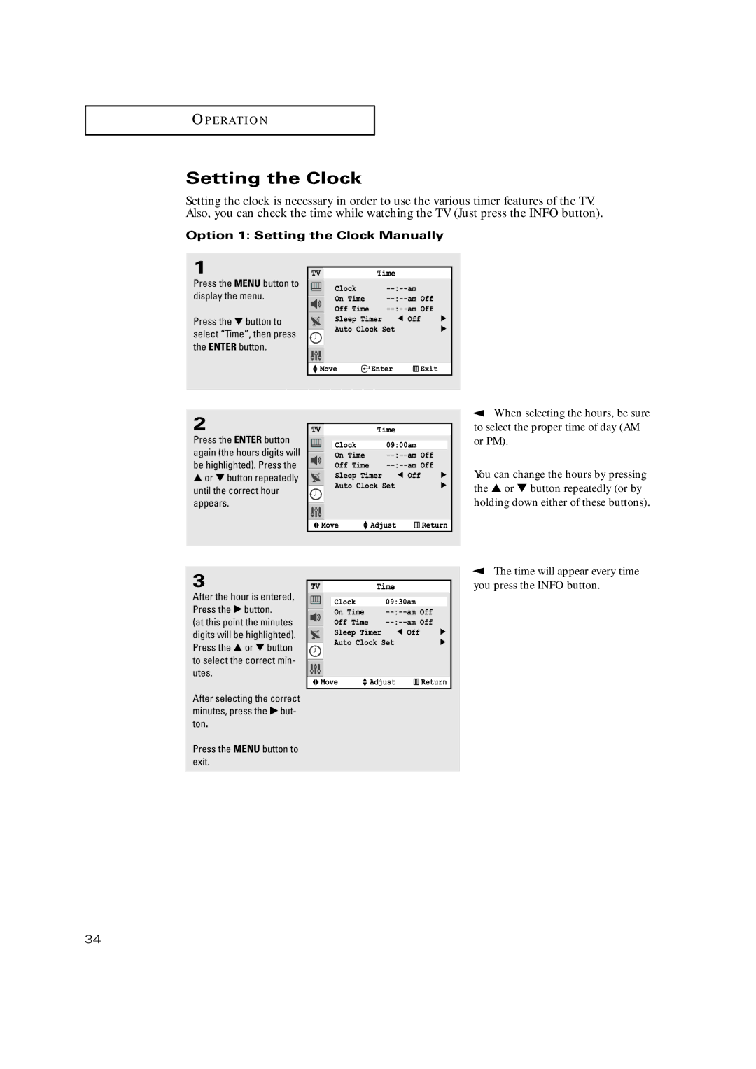 Samsung TX-P3071WHF manual Option 1 Setting the Clock Manually, Or button repeatedly until the correct hour appears 