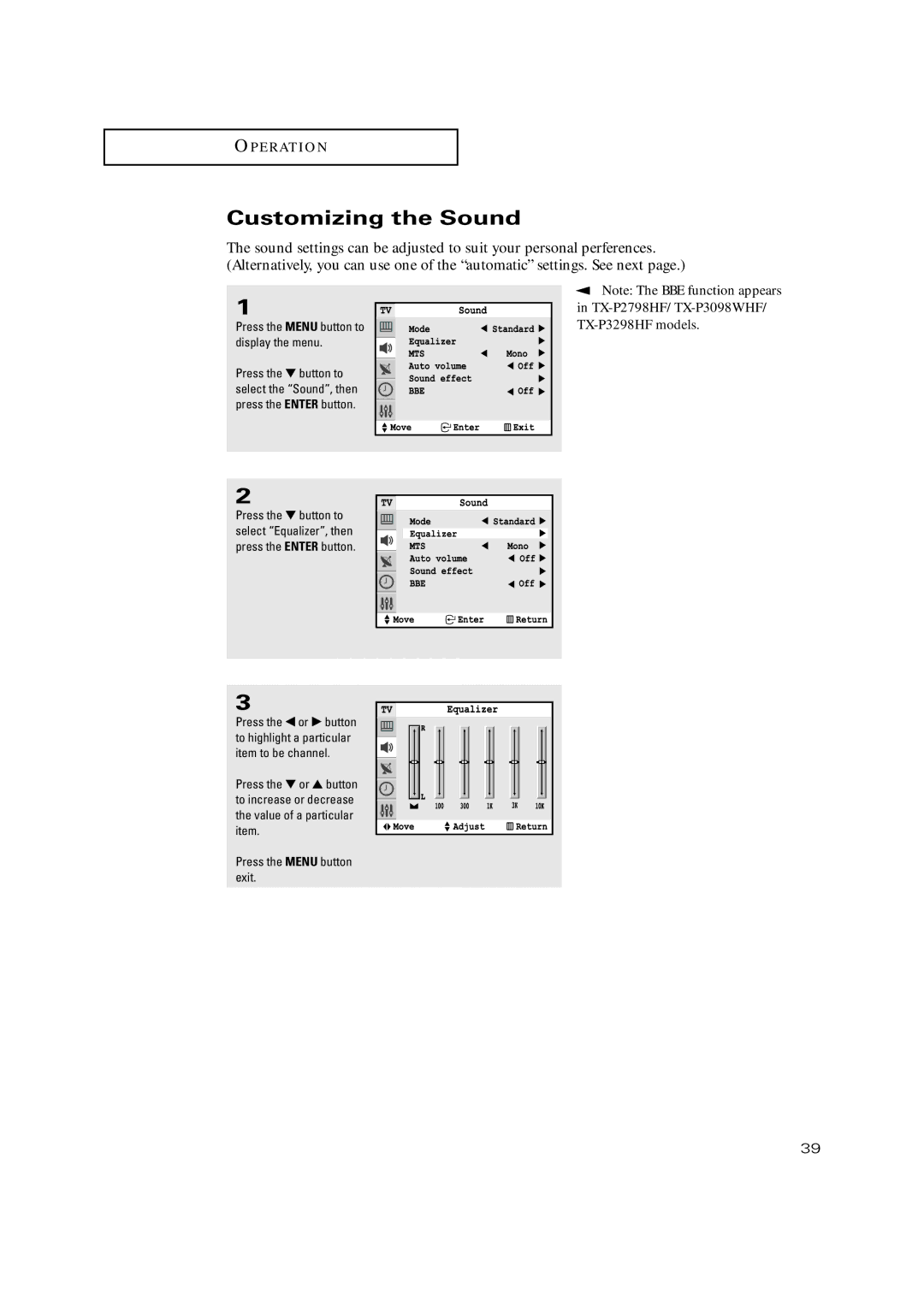 Samsung TX-P3271HF, TX-P2771HF, TX-P3245FP, TX-P3275HF Customizing the Sound, TX-P2798HF/ TX-P3098WHF/ TX-P3298HF models 