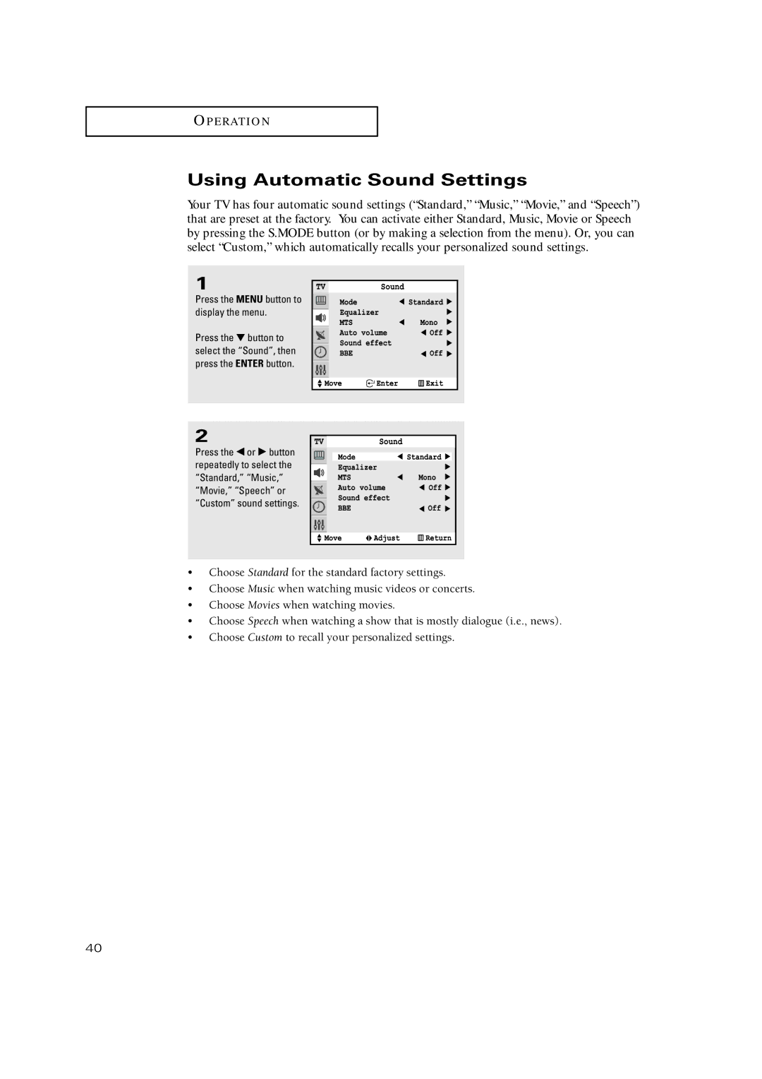 Samsung TX-P2771HF, TX-P3271HF, TX-P3245FP, TX-P3275HF, TX-P3234HF, TX-P3298HF, TX-P3098WHF manual Using Automatic Sound Settings 