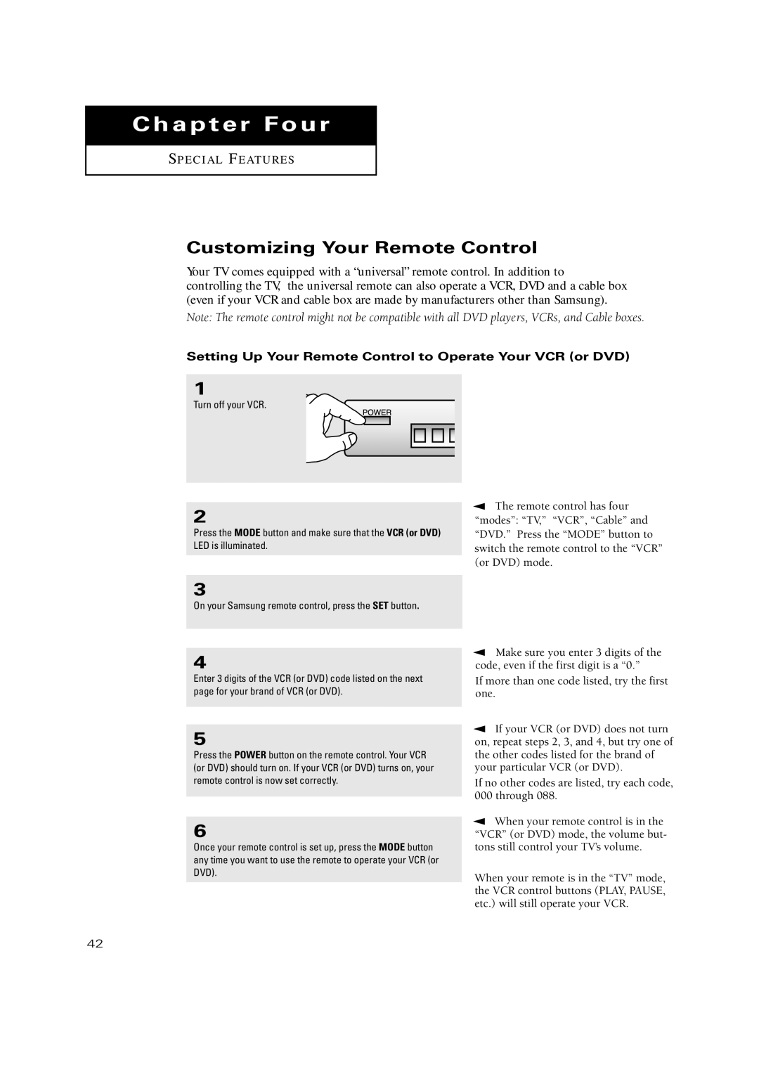 Samsung TX-P3275HF, TX-P3271HF Customizing Your Remote Control, Setting Up Your Remote Control to Operate Your VCR or DVD 