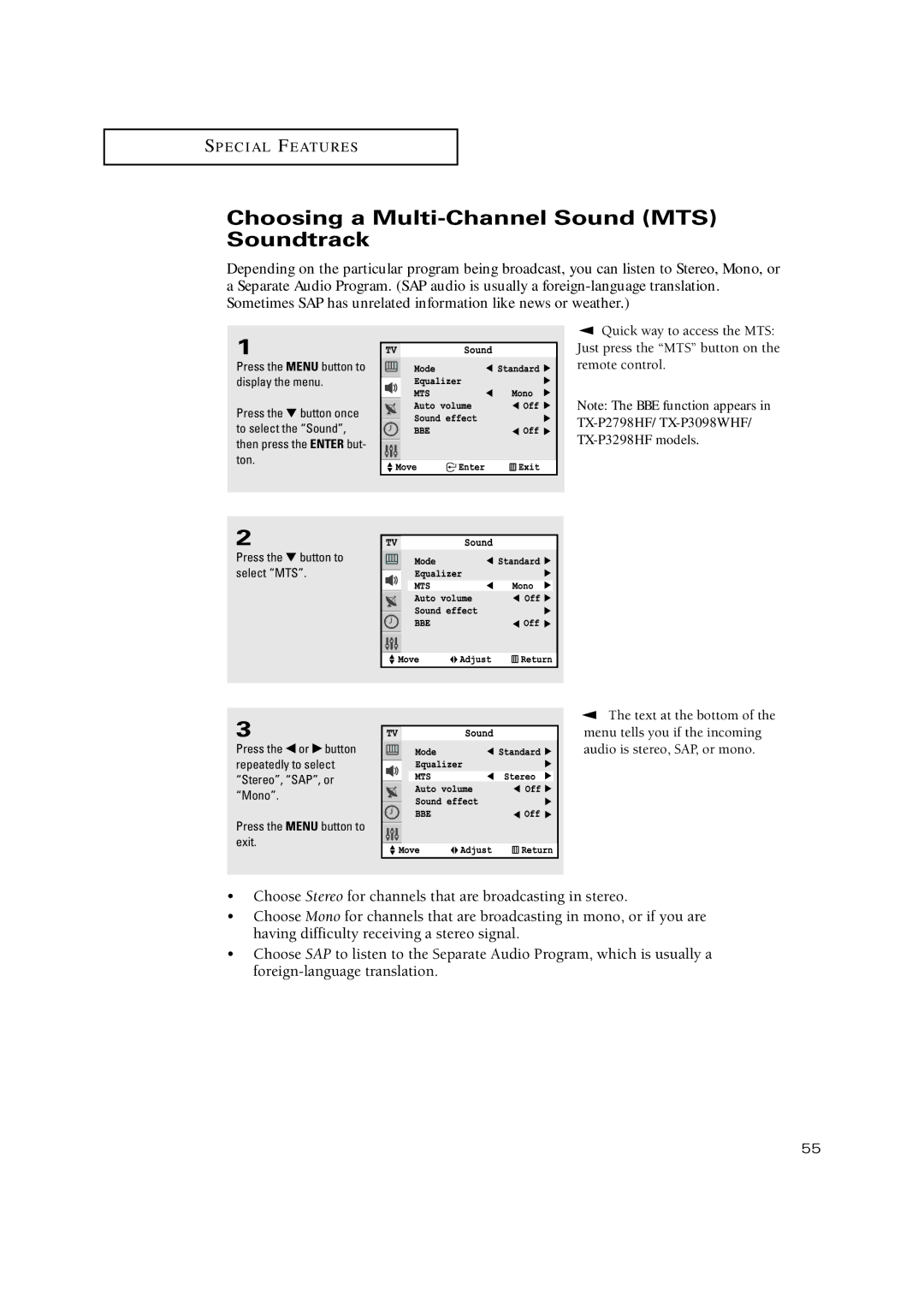 Samsung TX-P3275HF, TX-P3271HF, TX-P2771HF, TX-P3245FP, TX-P3234HF, TX-P3298HF Choosing a Multi-Channel Sound MTS Soundtrack 