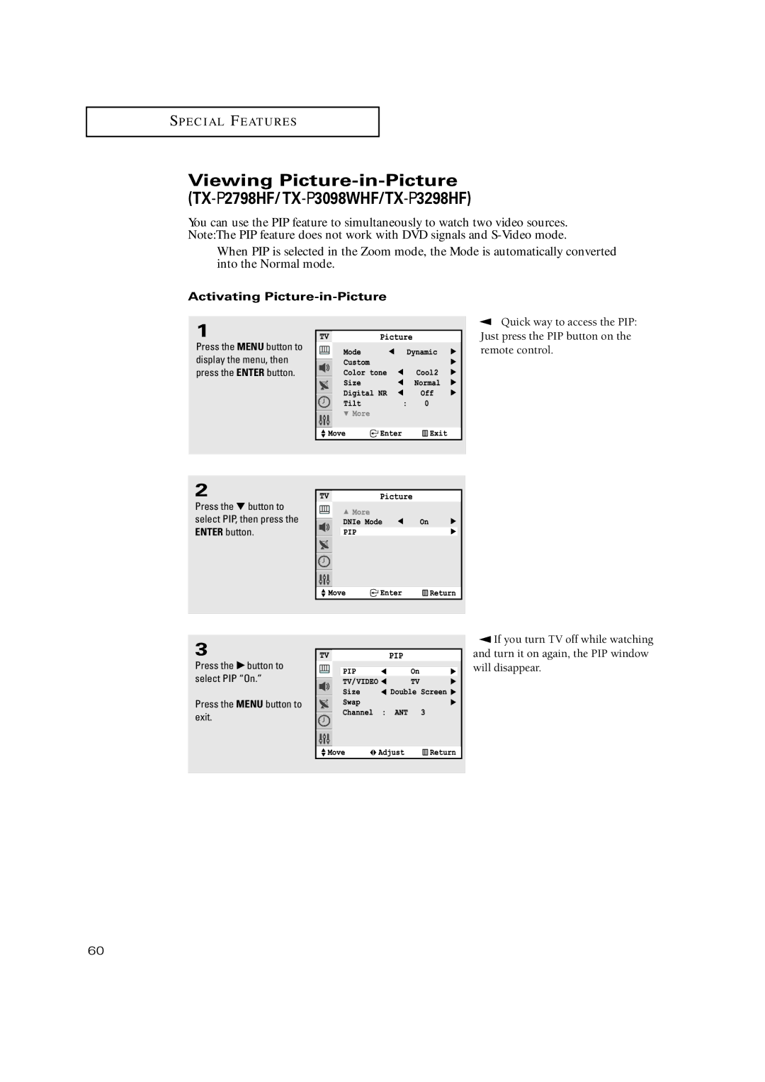 Samsung TX-P3071WHF, TX-P3271HF, TX-P2771HF, TX-P3245FP, TX-P3275HF, TX-P3234HF, TX-P3298HF manual Activating Picture-in-Picture 