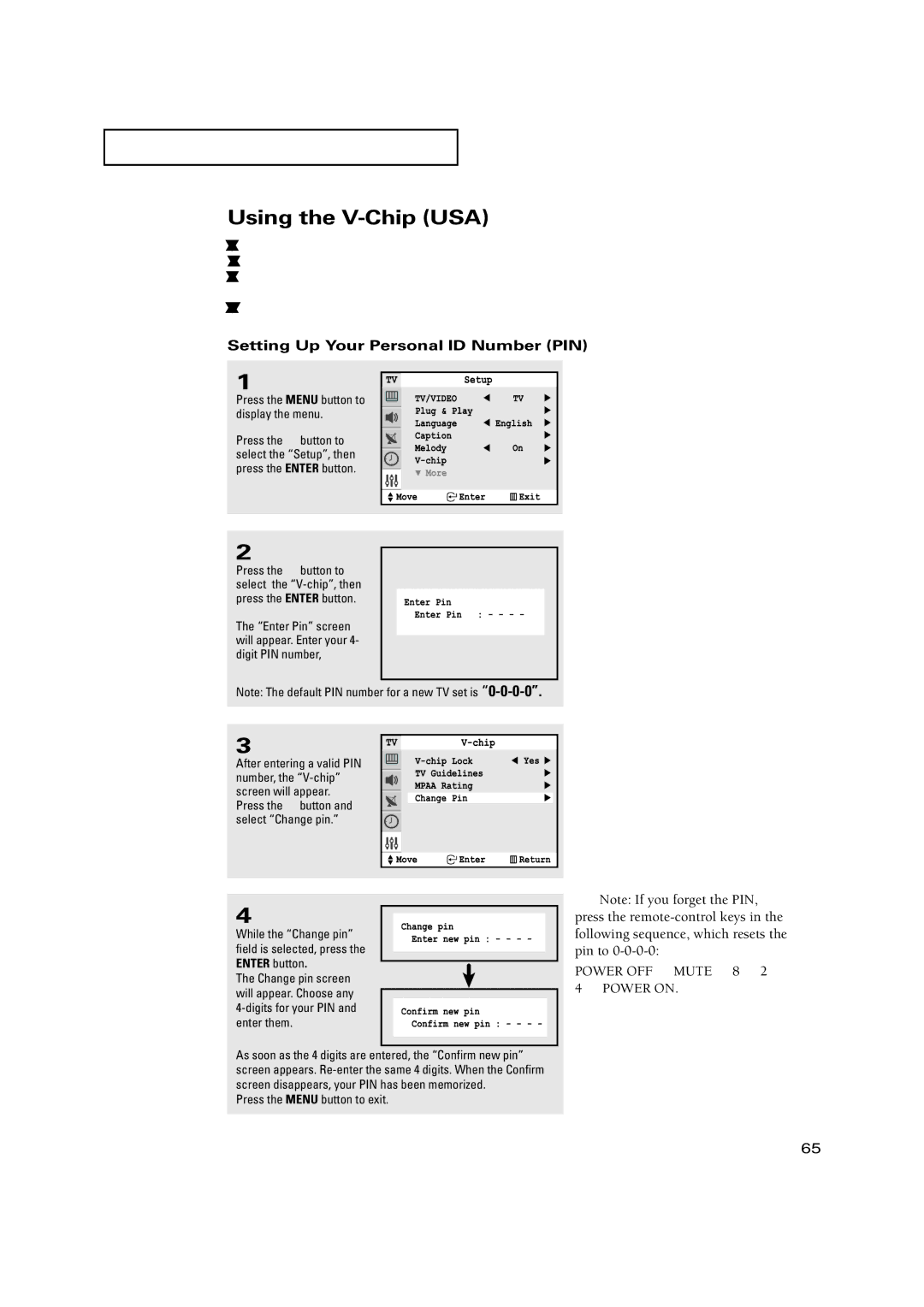 Samsung TX-P3271HF manual Using the V-Chip USA, Setting Up Your Personal ID Number PIN, Digits for your PIN and enter them 