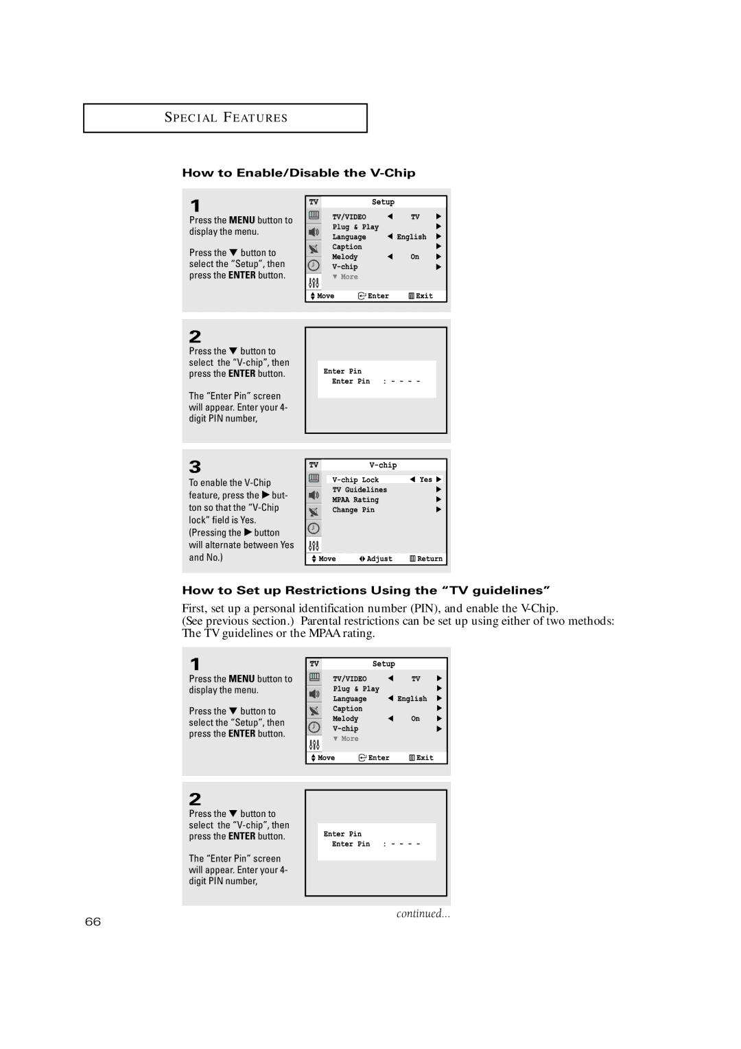 Samsung TX-P2771HF, TX-P3271HF manual How to Enable/Disable the V-Chip, How to Set up Restrictions Using the TV guidelines 