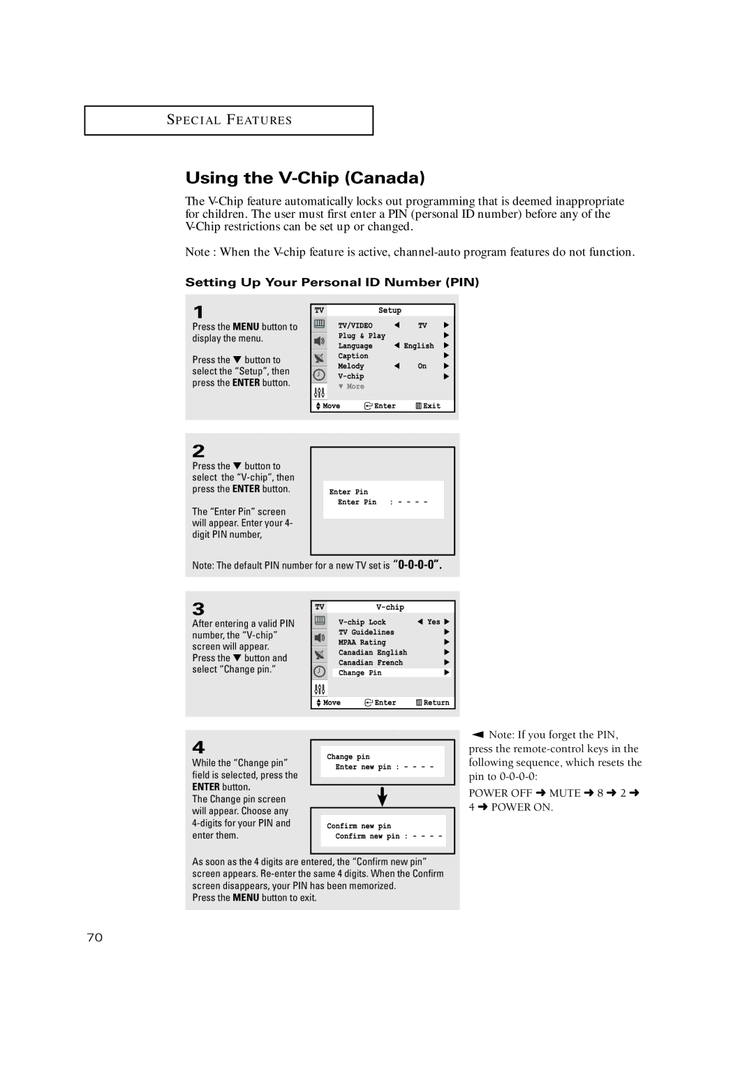 Samsung TX-P3298HF, TX-P3271HF, TX-P2771HF, TX-P3245FP manual Using the V-Chip Canada, Setting Up Your Personal ID Number PIN 