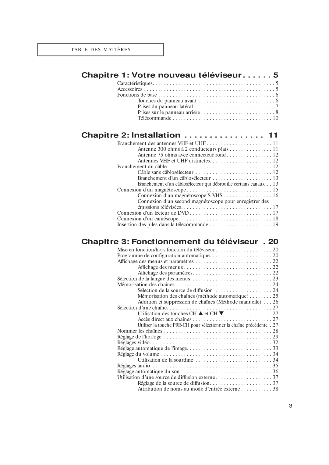 Samsung TX-R2435 Chapitre 1 Votre nouveau téléviseur, Chapitre 2 Installation, Chapitre 3 Fonctionnement du téléviseur 